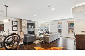 Smart TV, fireplace, video games, DVD player