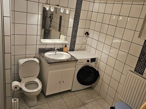 Shower, free toiletries, hair dryer, towels