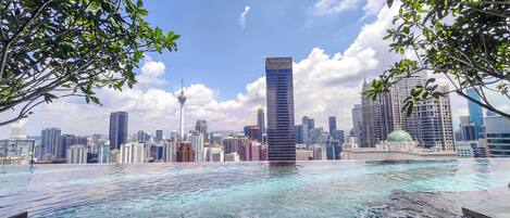 A cityscape with modern skyscrapers, a prominent tower, and a clear sky.