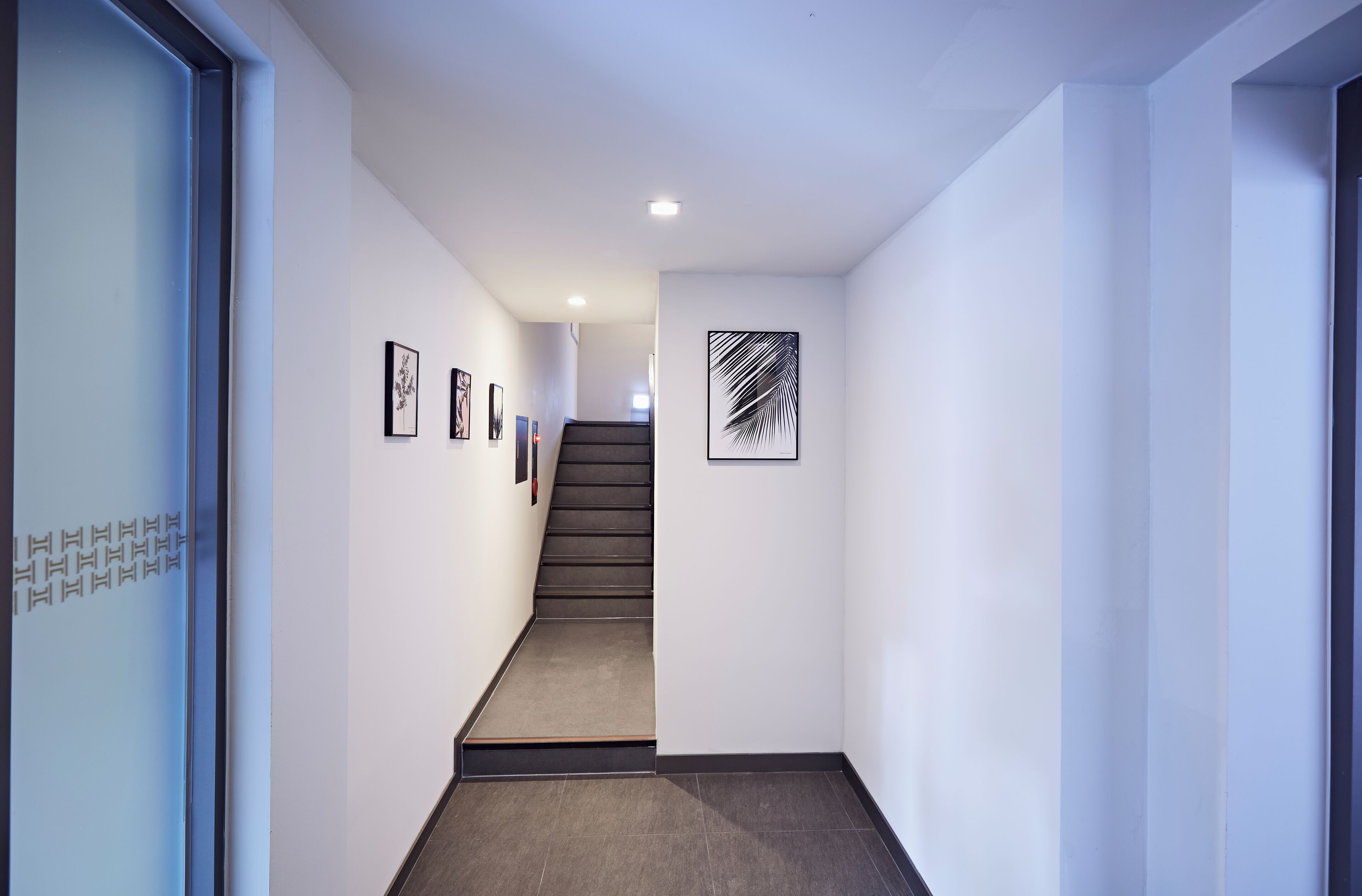 Un pasillo moderno con escalera, decoración minimalista y obras de arte enmarcadas en las paredes.