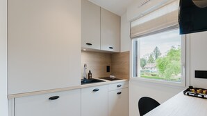 A modern kitchen with white cabinetry, a window with a view of greenery, and a small sink with a bottle and a roll of paper towels. - 102 - Appart'Hôtel Neostelia-Annecy (Annecy)