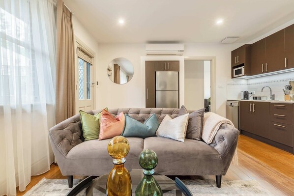 TV, fireplace, books