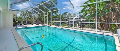 A pool with clear blue water, surrounded by a glass enclosure, and a few lounge chairs.