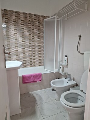 Secador de cabelo, bidê, toalhas de banho, papel higiênico
