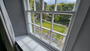 A window with a view of a garden and a lawn.