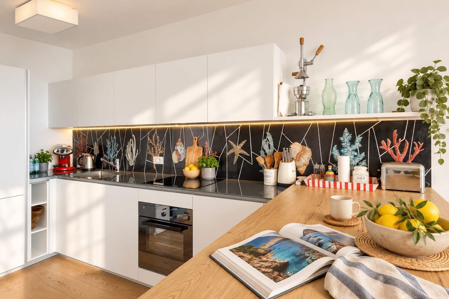 Eine moderne Küche mit weißen Schränken, einer schwarzen Spritzschutzwand und einer Holzausziehtafel.
