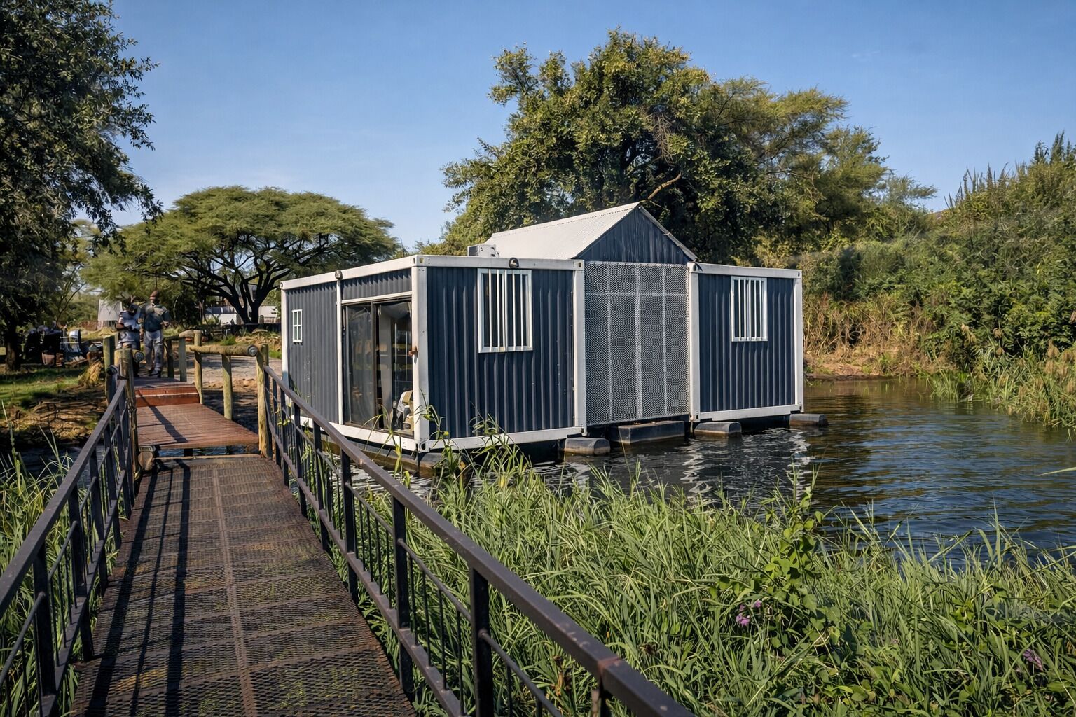 Una casa flotante con barandilla de metal y cubierta de madera, rodeada de agua y vegetación.