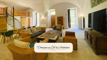 Télévision, baby-foot, table de tennis de table, livres