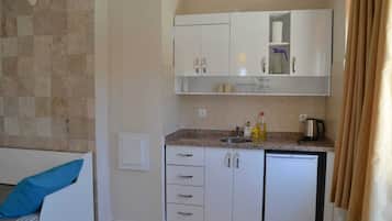 Mini-fridge, cookware/dishes/utensils
