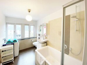 Shower, free toiletries, hair dryer, towels