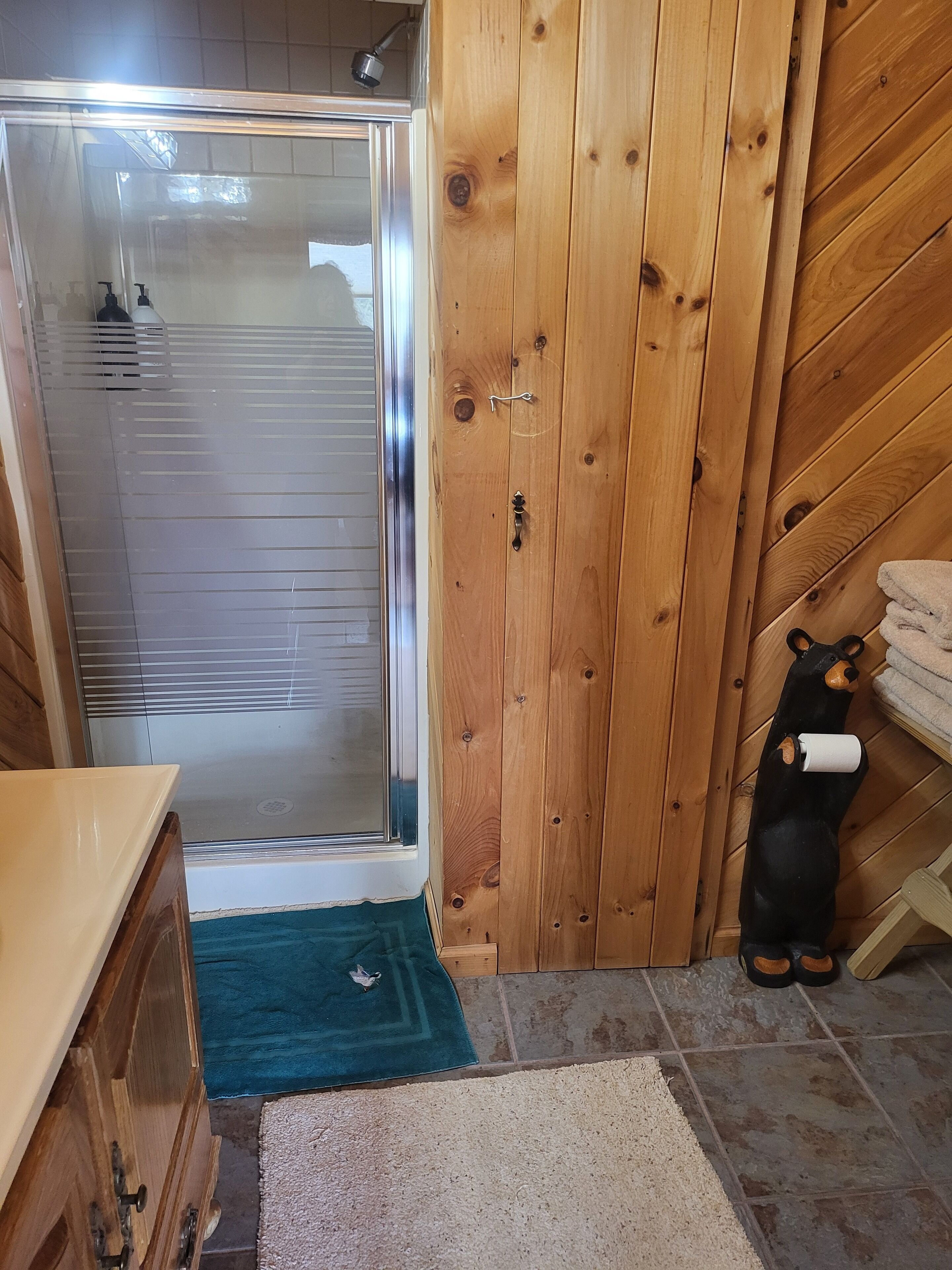 Un baño de cabaña de madera con puerta de ducha de cristal, una decoración de oso de madera y un perchero para toallas.