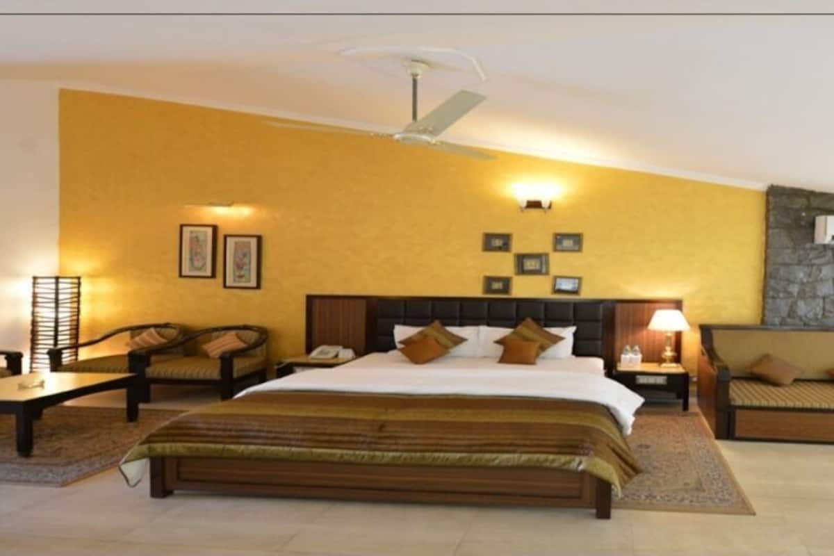 Habitación de hotel con una cama grande, un sofá, un escritorio y una pared decorativa de piedra.