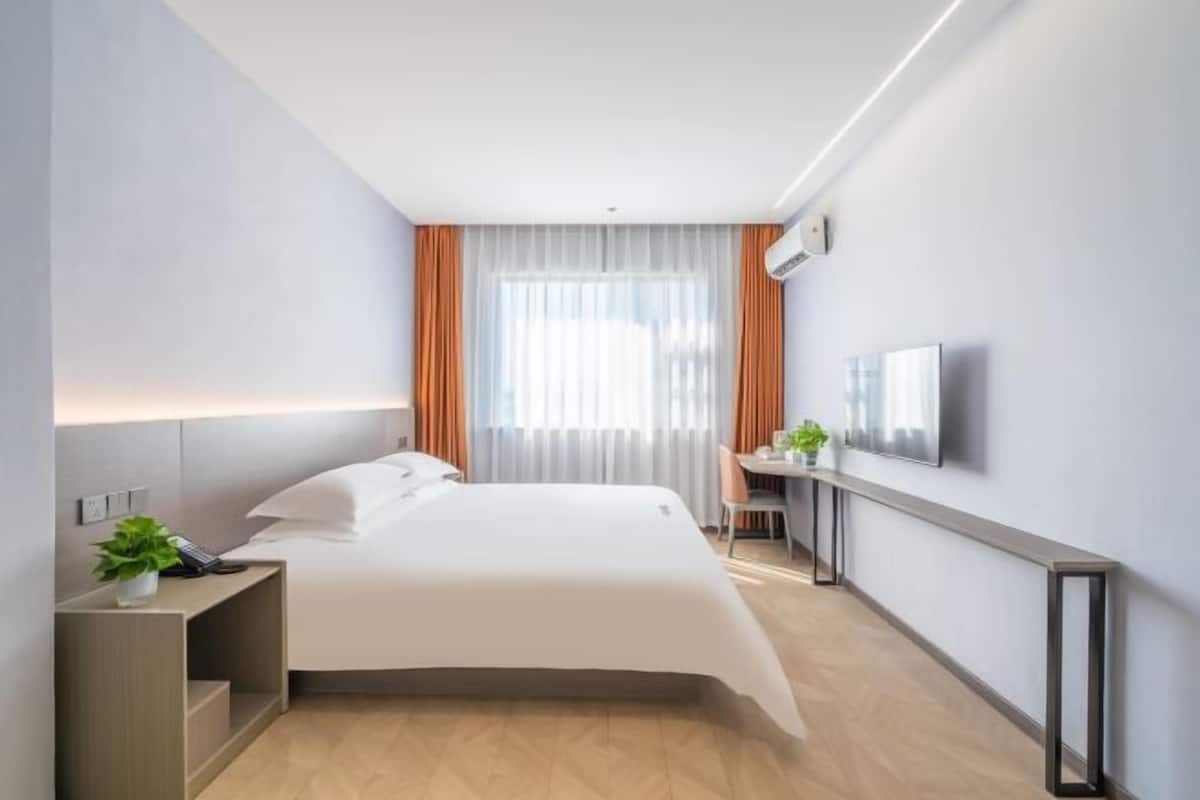 Ein modernes Hotelzimmer mit einem großen Bett, einem Schreibtisch, einem Sessel, einem Fernseher und einer Topfpflanze.