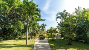 A paved pathway in a lush garden with palm trees and a building in the background. - Garden Condos 40, 1br Apt In Sosua Strip! Guest Ok (Sosúa)
