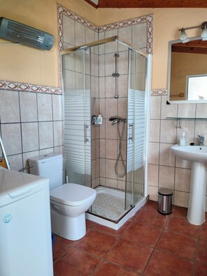 Hair dryer, towels, soap, toilet paper