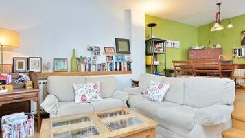 Een smart-tv, een open haard, een dvd-speler en boeken