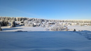 A snowy landscape with houses and trees, a clear sky, and a person in the distance.