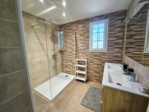 Shower, hair dryer, toilet paper