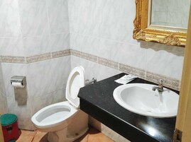 Un baño con inodoro, lavabo y espejo.