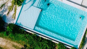 Eine Vogelperspektive auf einen Swimmingpool mit klarem, blauem Wasser, umgeben von Palmen und einer Sandfläche.