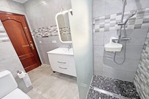 Shower, hair dryer, towels