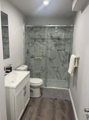 Secador de cabelo, toalhas de banho, sabonete, shampoo