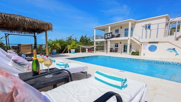 Un espace aménagé au bord de la piscine, avec des chaises longues, un parasol en chaume et un bâtiment orné d’une fresque représentant un dauphin.