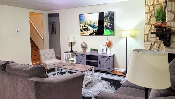 A living room with a sofa set, a coffee table, a TV, a lamp, and a fireplace. - Nice big house with parking, fenced yard (Buffalo)