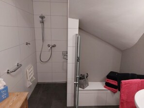 Douche, sèche-cheveux, serviettes fournies, savon