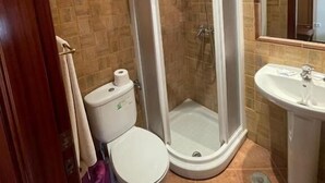 Een badkamer met een douche, toilet en wastafel.