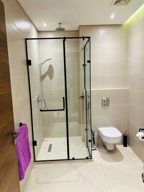 A modern bathroom with a glass-enclosed shower, a white toilet, and a sink.