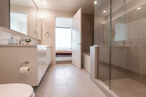 Features a sleek design with a large mirror, glass-enclosed shower, and walk-in bathtub.