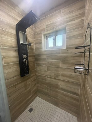 Chuveiro, secador de cabelo, toalhas de banho, sabonete
