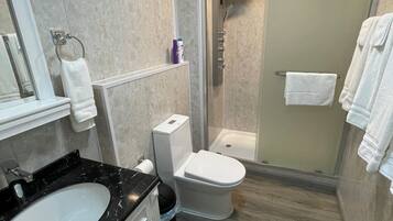 Une salle de bain moderne avec un lavabo en marbre noir, des toilettes blanches et une douche séparée par des parois en verre.
