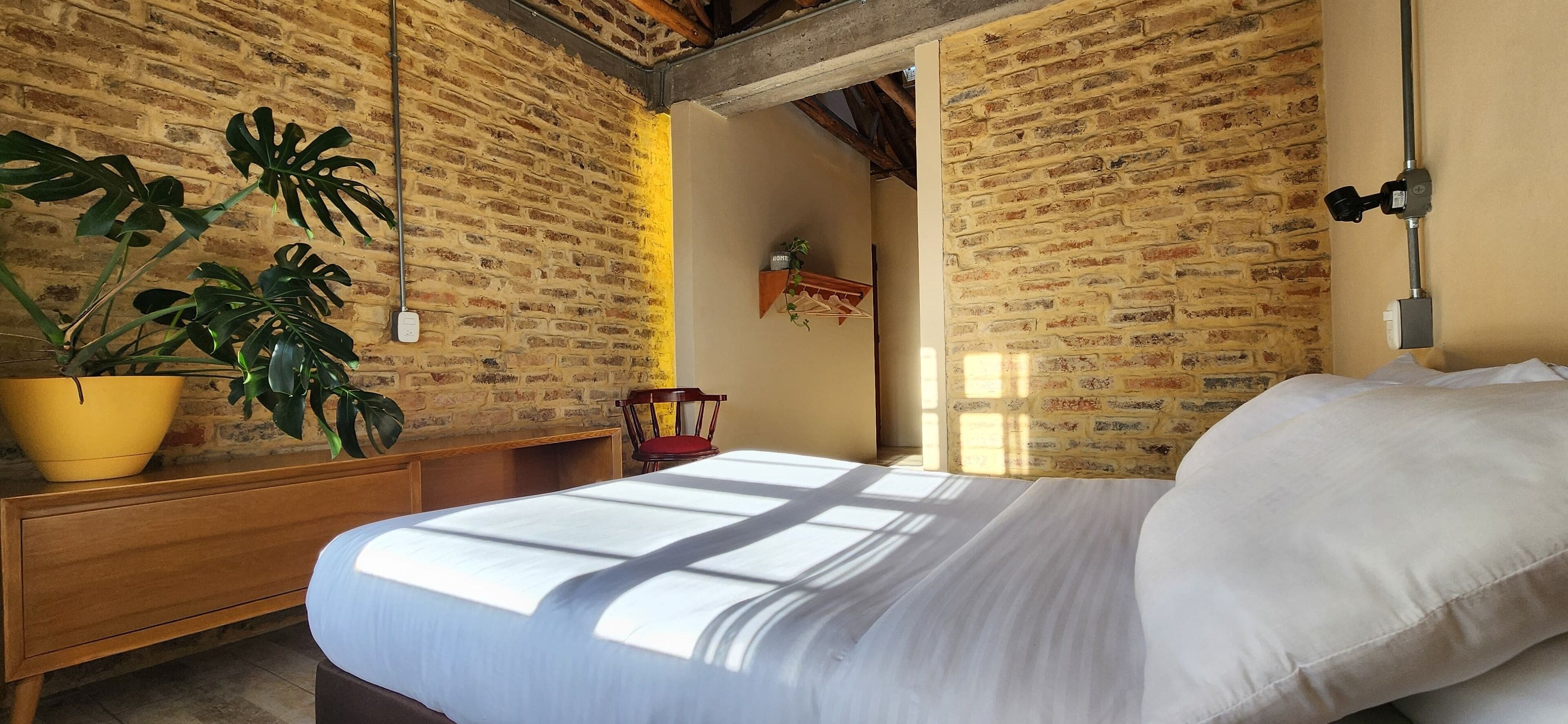 Une chambre avec un mur en briques, un cadre de lit en bois, une grande plante en pot et une petite table.