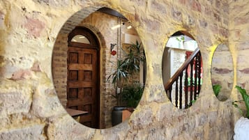 A rustic interior with a wooden door, a staircase, and a potted plant.