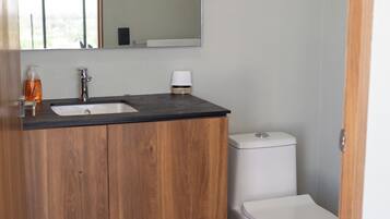 Un baño moderno con tocador de madera, lavamanos, espejo y retrete.