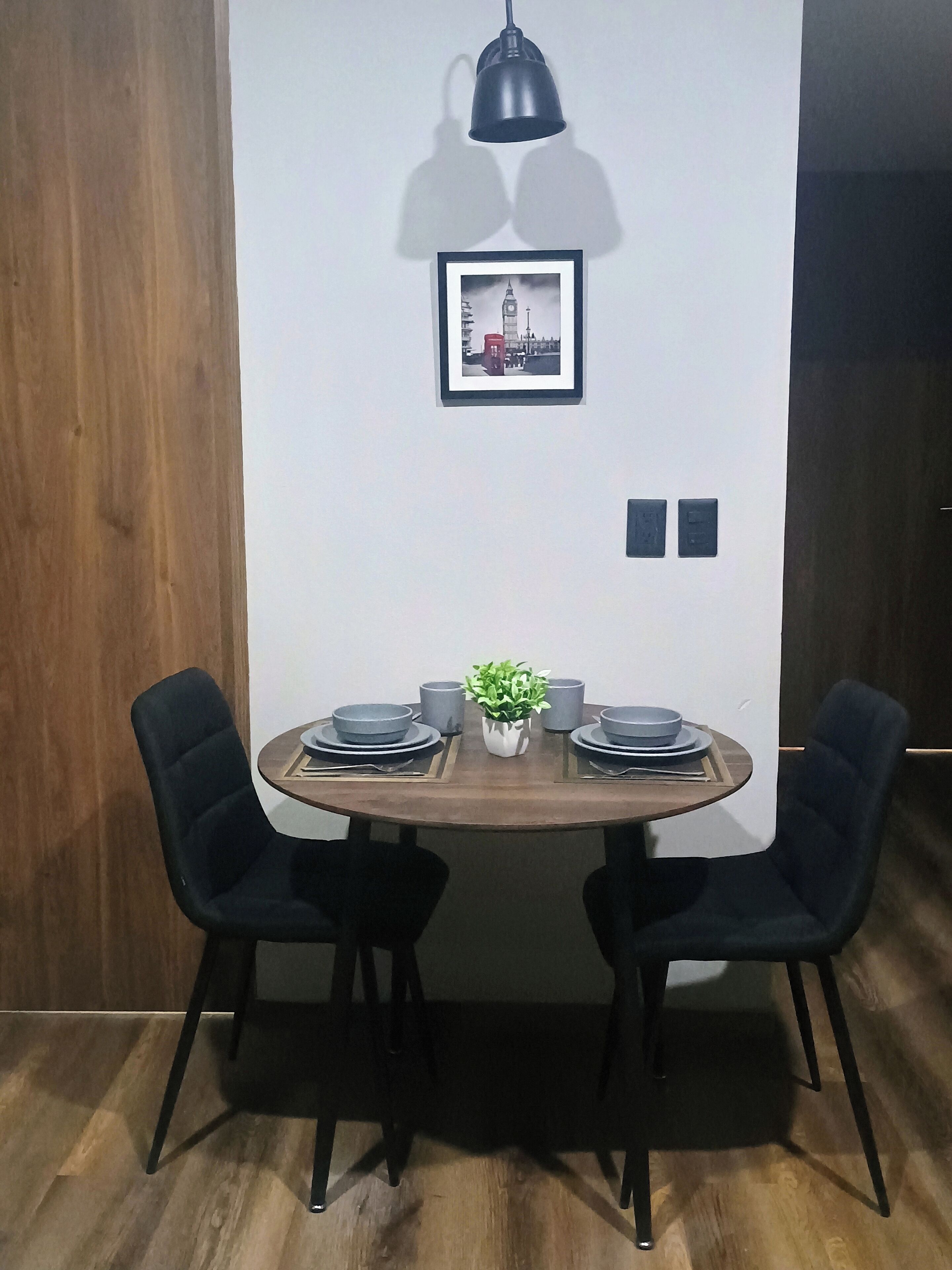 Un comedor con una mesa redonda, dos sillas negras, una planta en maceta y un cuadro en la pared.