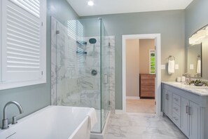 Shower, hair dryer, bidet, towels