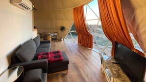 A cozy living room with a sofa, a coffee table, and a TV. There is a window with curtains, and a plant is visible. - Ventana Dome @ Rolling S Ranch (Bertram)