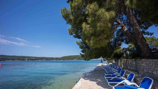 A row of blue lounge chairs by a stone-paved waterfront with clear water and a tree providing shade. - Boutique Guesthouse Sveti Petar (Solta)