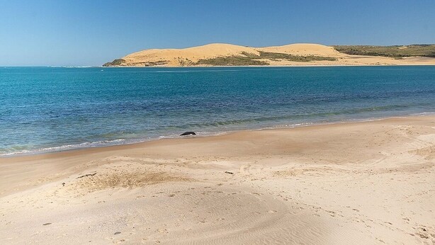 Una playa con aguas azul cristalino y orillas arenosas.