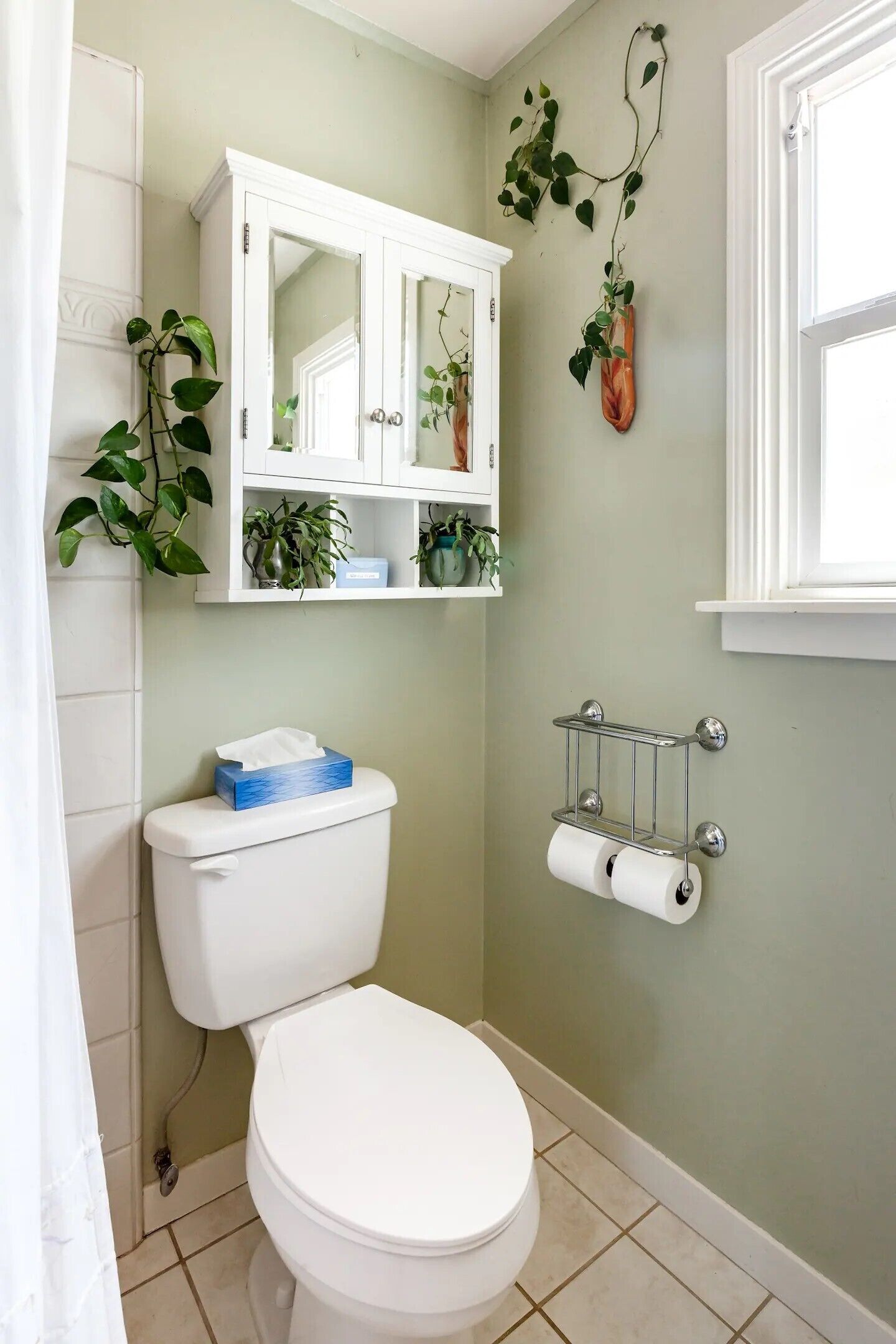 Une salle de bain comprenant des toilettes, un meuble blanc avec des miroirs, une étagère avec des plantes et un porte-rouleau de papier toilette.