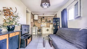 Un espace de vie compact comprenant un canapé, un téléviseur, une table basse, un coin cuisine avec un lave-linge et une table à manger.