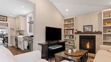 Smart TV, lareira, livros