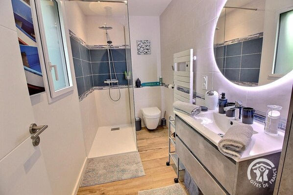 A modern bathroom with a shower, toilet, and vanity.
