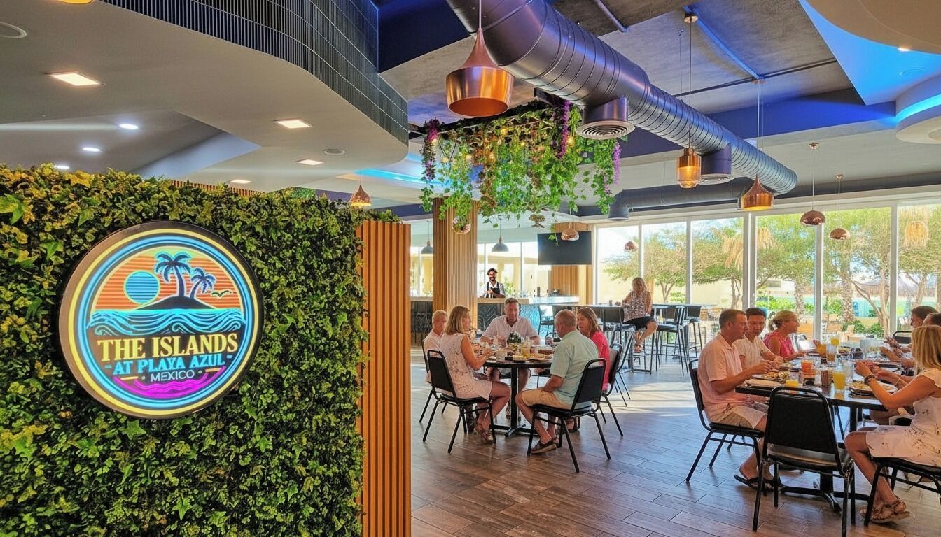 A restaurant with a tropical theme, featuring a logo with palm trees and a sunset.
