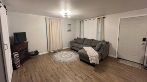 Un salon avec un canapé gris, un tapis à motifs, un téléviseur posé sur un meuble en bois et une porte dotée d’une poignée.