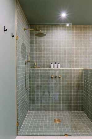 Douche, séchoir à cheveux, serviettes fournies, savon