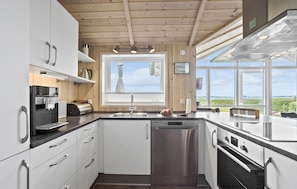 Fridge, stovetop, dishwasher, coffee/tea maker